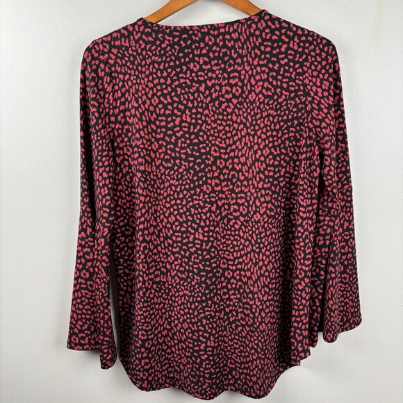 Michael Kors Shirt Womens M Black Red Leopard  Spot Long Sleeve Keyhole Stretch - Picture 6 of 8
